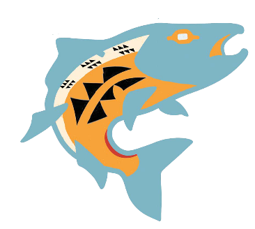 Indian Education Salmon Icon: pale blue, warm yellow, white, and black salmon.